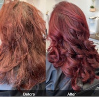 a woman's hair before and after a red dye treatment