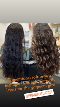 a picture of a woman's hair with the text, 'extensions soft brown highlights and luscious brown layers for